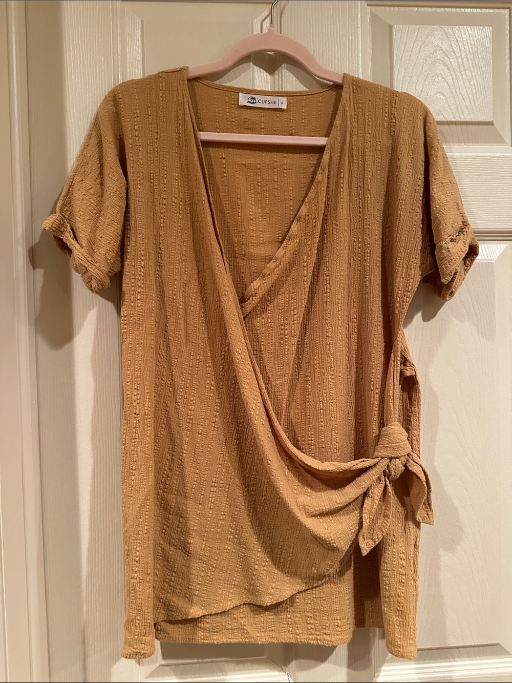 Cupshe Mustard Wrap Short Sleeve Tunic with Side Tie